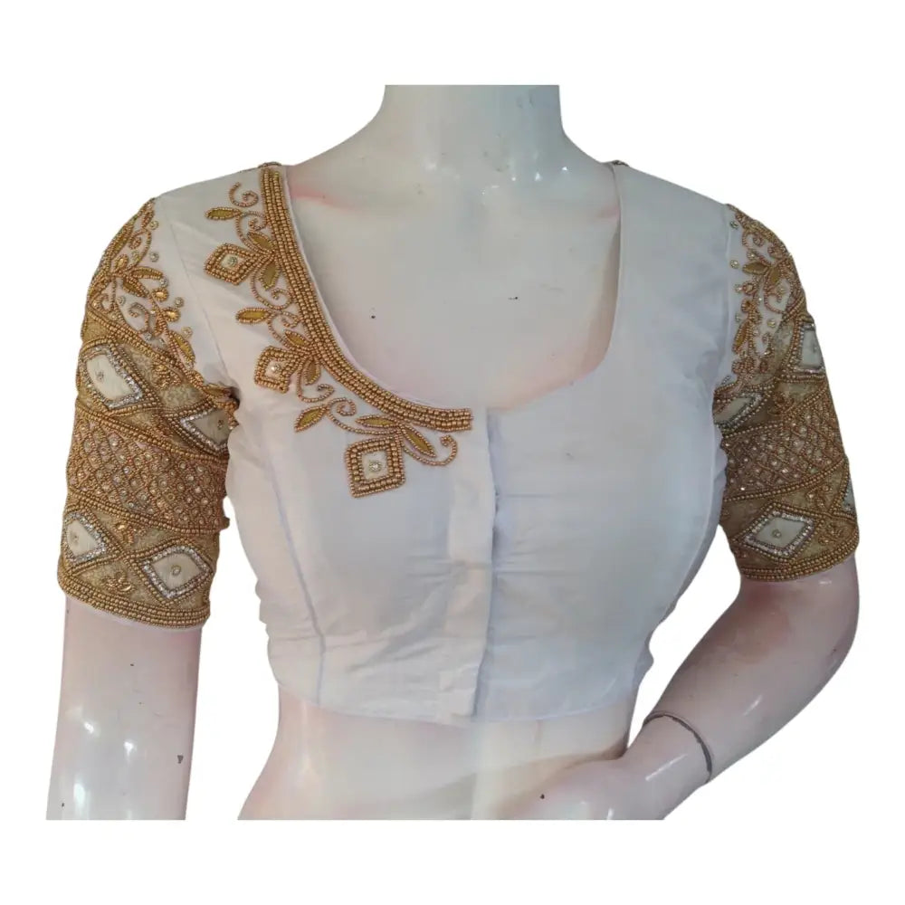Off-White Color Silk Saree Blouse with Aari Handwork - Bridal Classic - D3blouses