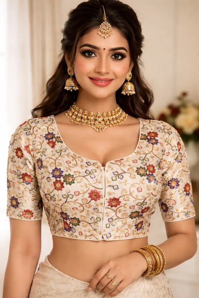 Off White Semi Raw Silk Readymade Saree Blouse - Floral & Sequin Embroidery (Princess Cut) Readymade Blouse