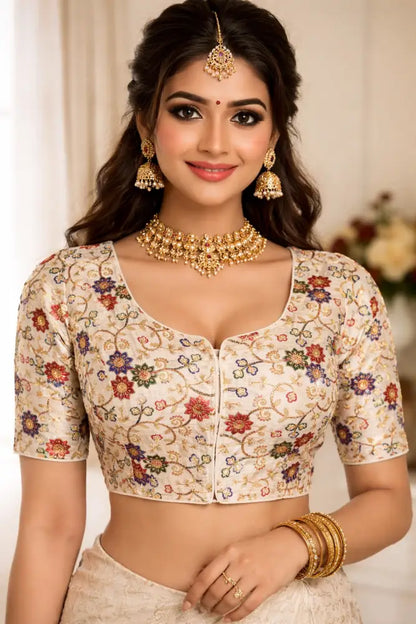 Off White Semi Raw Silk Readymade Saree Blouse - Floral & Sequin Embroidery (Princess Cut) Readymade Blouse