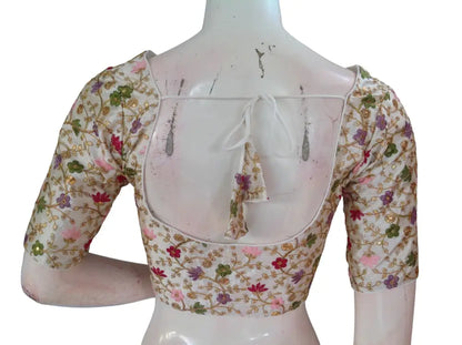 Off White Semi Raw Silk Readymade Saree Blouse - Floral & Sequin Embroidery (Princess Cut) Readymade Blouse