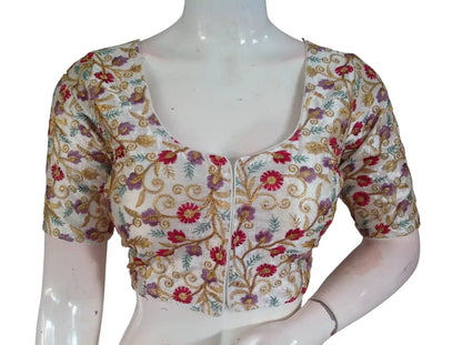 Off White Semi Raw Silk Readymade Saree Blouse - Floral & Sequin Embroidery (Princess Cut) Readymade Blouse - Floral