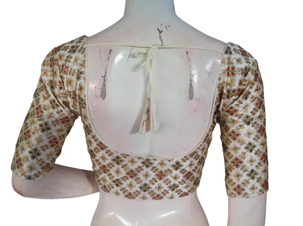 Off White Semi Raw Silk Readymade Saree Blouse - Floral & Sequin Embroidery (Princess Cut) Readymade Blouse