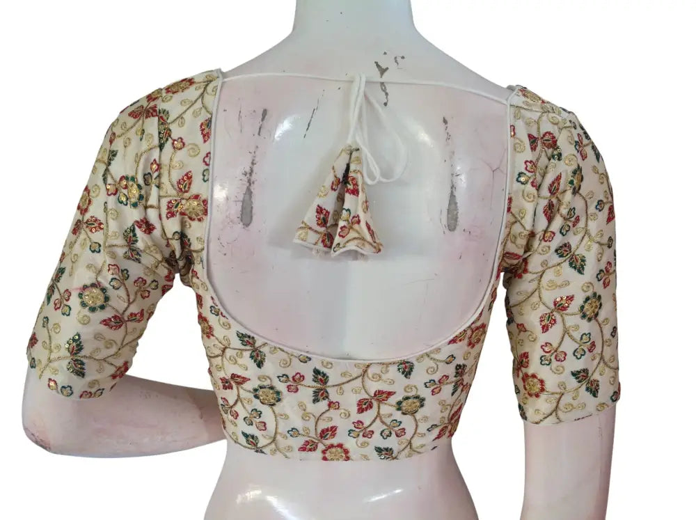 Off White Semi Raw Silk Readymade Saree Blouse - Floral & Sequin Embroidery (Princess Cut) Readymade Blouse