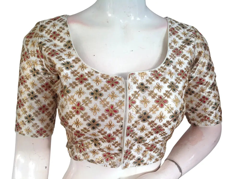 Off White Semi Raw Silk Readymade Saree Blouse - Floral & Sequin Embroidery (Princess Cut) Readymade Blouse - Floral