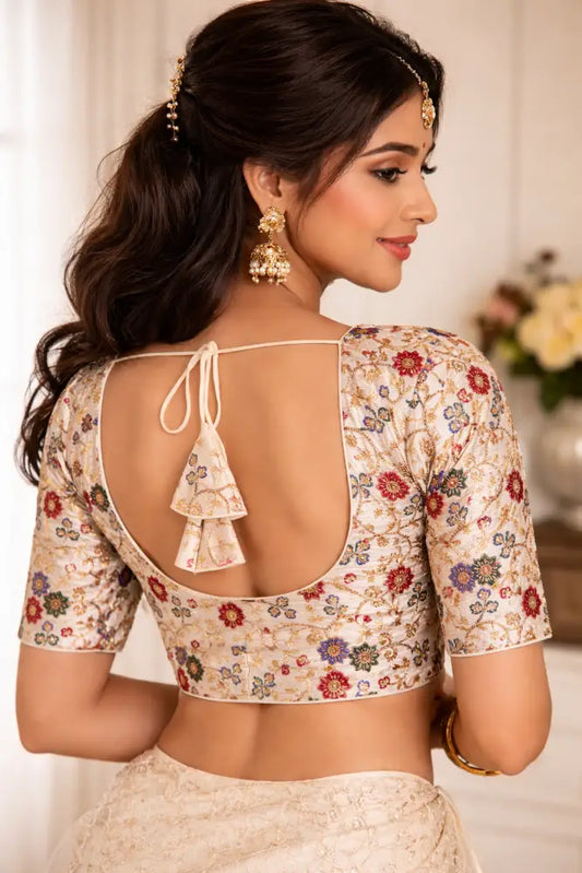 Off White Semi Raw Silk Readymade Saree Blouse - Floral & Sequin Embroidery (Princess Cut) Readymade Blouse