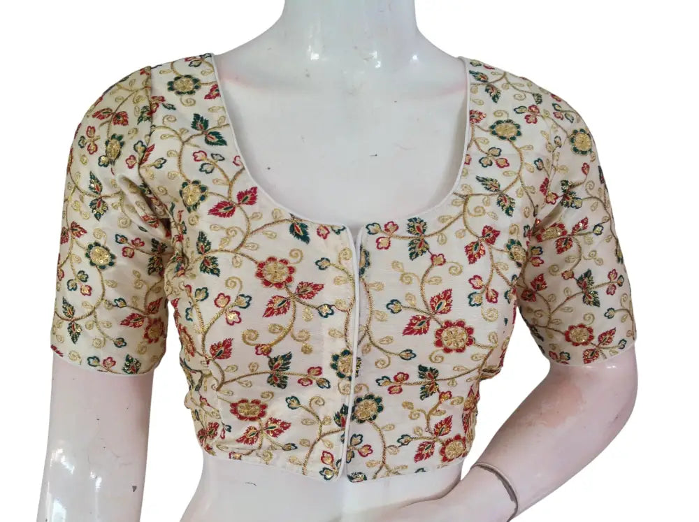 Off White Semi Raw Silk Readymade Saree Blouse - Floral & Sequin Embroidery (Princess Cut) Readymade Blouse - Floral