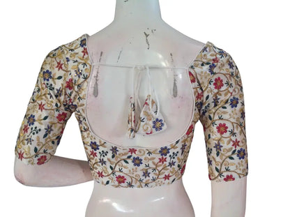 Off White Semi Raw Silk Readymade Saree Blouse - Floral & Sequin Embroidery (Princess Cut) Readymade Blouse