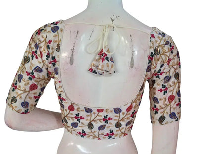 Off White Semi Raw Silk Readymade Saree Blouse - Floral & Sequin Embroidery (Princess Cut) Readymade Blouse
