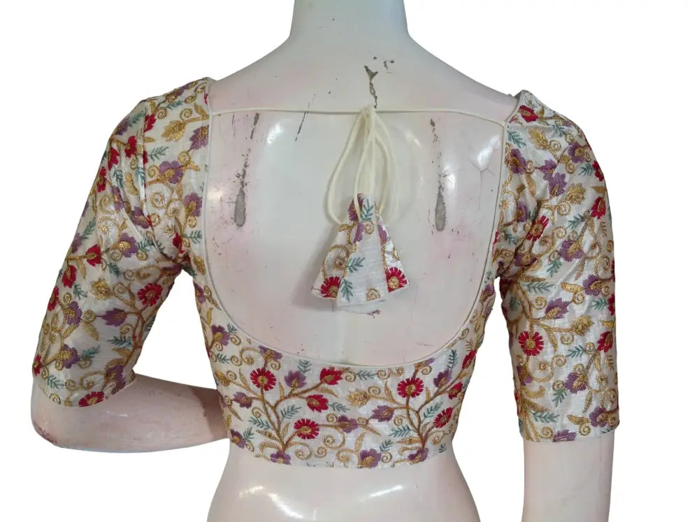 Off White Semi Raw Silk Readymade Saree Blouse - Floral & Sequin Embroidery (Princess Cut) Readymade Blouse