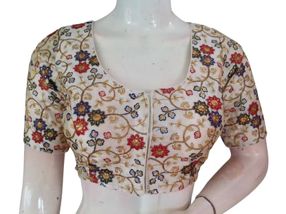 Off White Semi Raw Silk Readymade Saree Blouse - Floral & Sequin Embroidery (Princess Cut) Readymade Blouse - Floral