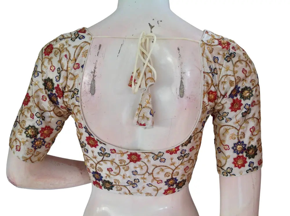 Off White Semi Raw Silk Readymade Saree Blouse - Floral & Sequin Embroidery (Princess Cut) Readymade Blouse