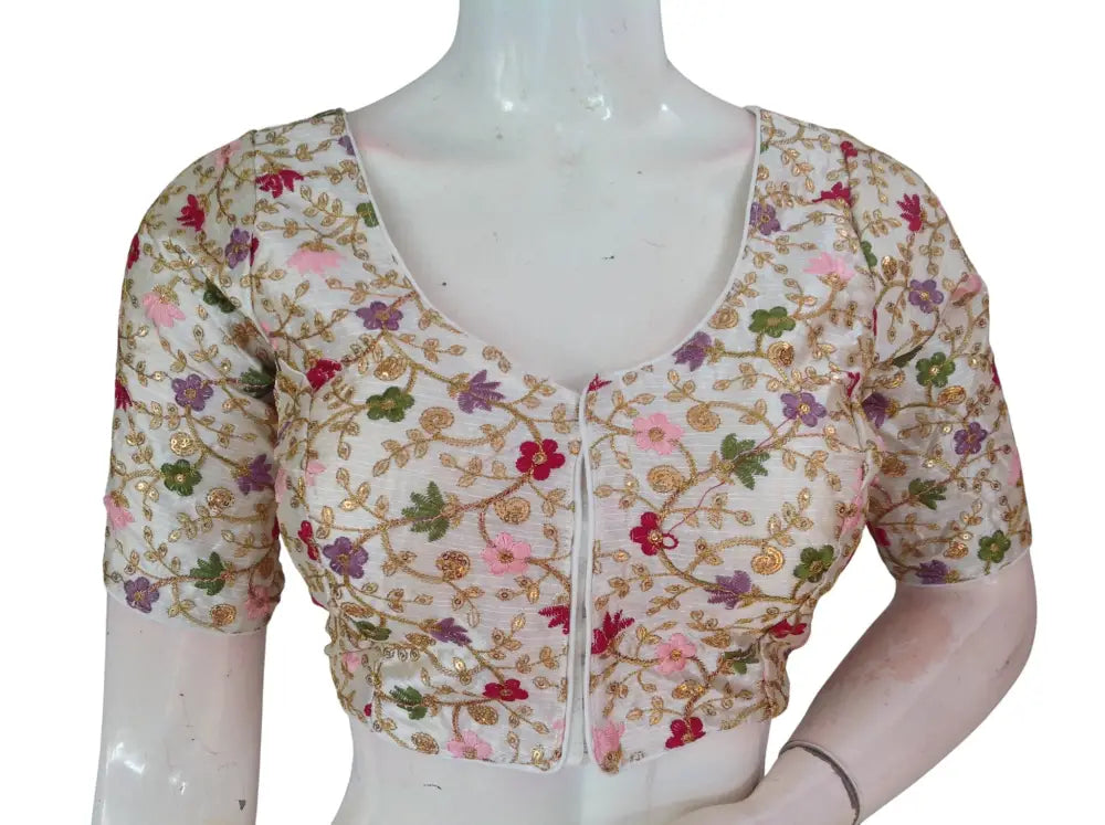 Off White Semi Raw Silk Readymade Saree Blouse - Floral & Sequin Embroidery (Princess Cut) Readymade Blouse - Floral