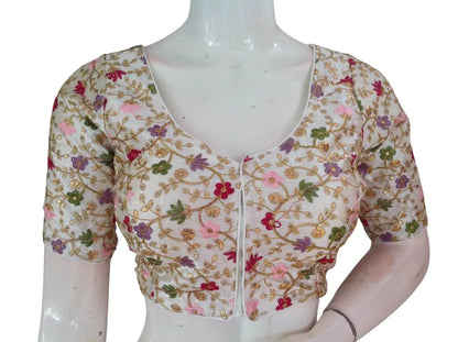 Off White Semi Raw Silk Readymade Saree Blouse - Floral & Sequin Embroidery (Princess Cut) Readymade Blouse - Floral