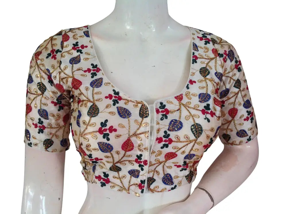 Off White Semi Raw Silk Readymade Saree Blouse - Floral & Sequin Embroidery (Princess Cut) Readymade Blouse - Floral