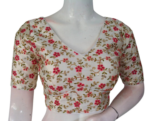 Off-White Semi-Silk Blouse for Festive Occasions: Multi-Thread Work - D3blouses