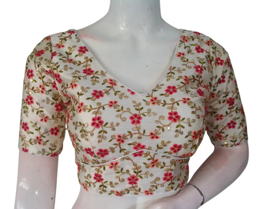 Off-White Semi-Silk Blouse for Festive Occasions: Multi-Thread Work - D3blouses