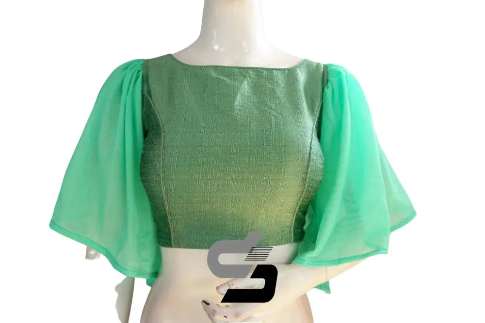 Olive Enchantment, Plain Silk Designer Ruffle Sleeve Readymade Blouse - D3blouses