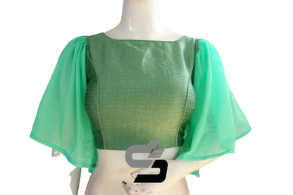 Olive Enchantment, Plain Silk Designer Ruffle Sleeve Readymade Blouse - D3blouses