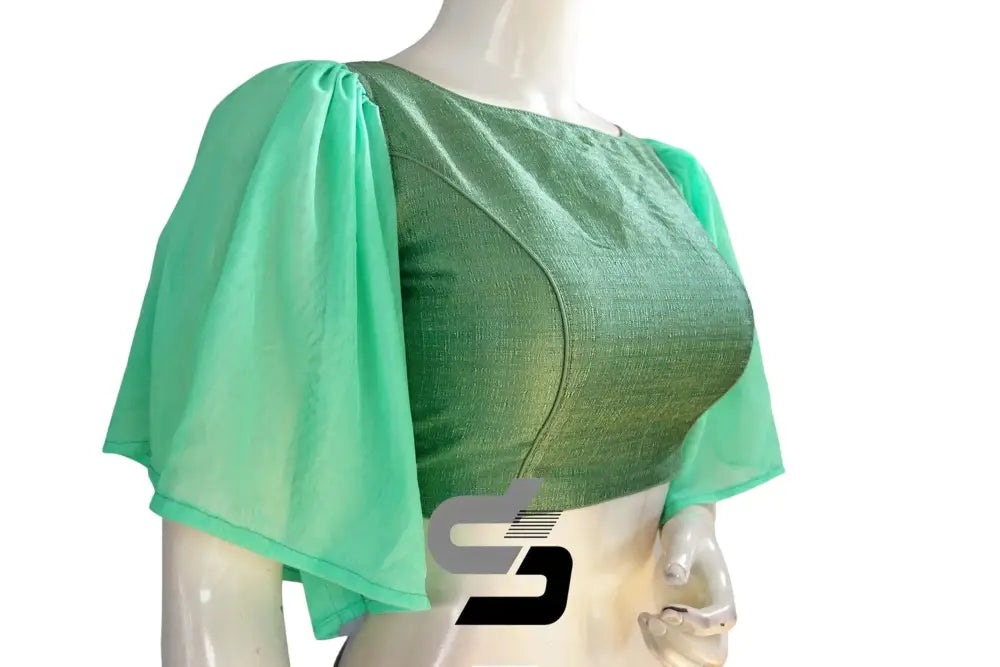 Olive Enchantment, Plain Silk Designer Ruffle Sleeve Readymade Blouse - D3blouses