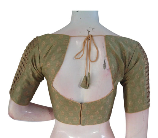 Olive Green Brocade Silk Readymade Blouse | Gold Butta & Designer Sleeves - D3blouses