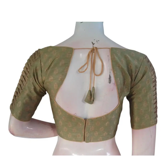 Olive Green Brocade Silk Readymade Blouse | Gold Butta & Designer Sleeves - D3blouses