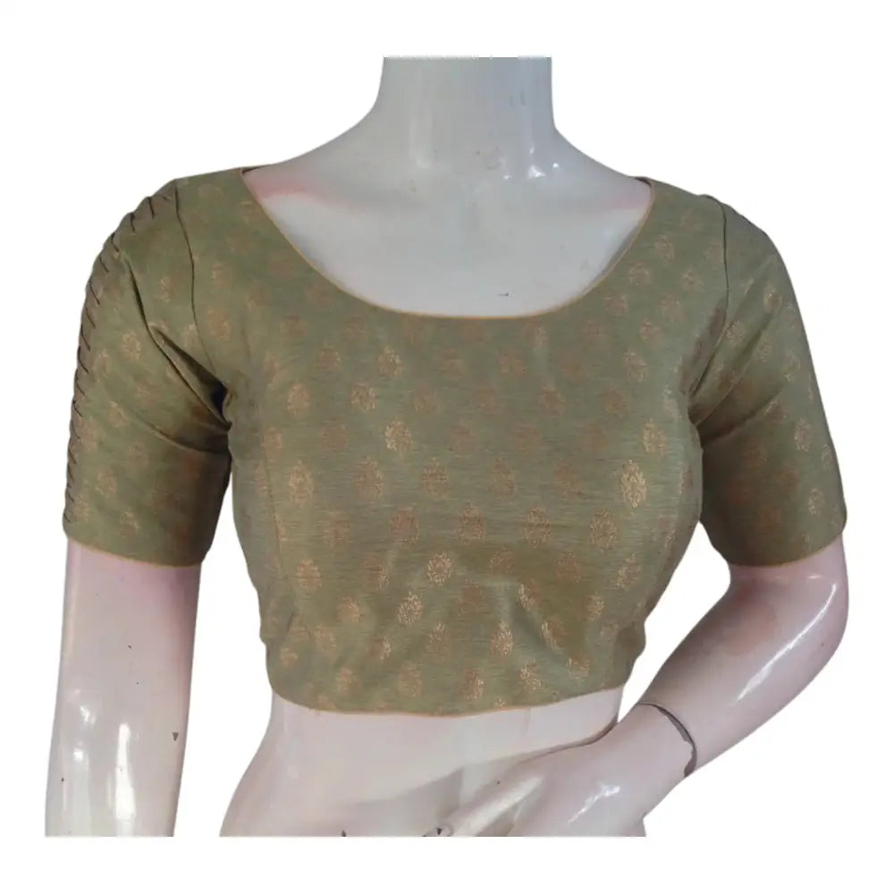 Olive Green Brocade Silk Readymade Blouse | Gold Butta & Designer Sleeves - D3blouses