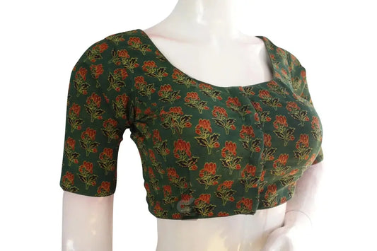 Olive Green color Ajrakh Cotton Readymade Saree Blouse, Indian Summer Colletion - D3blouses
