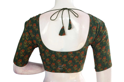 Olive Green color Ajrakh Cotton Readymade Saree Blouse, Indian Summer Colletion - D3blouses