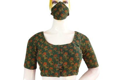Olive Green color Ajrakh Cotton Readymade Saree Blouse, Indian Summer Colletion - D3blouses
