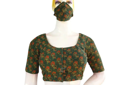 Olive Green color Ajrakh Cotton Readymade Saree Blouse, Indian Summer Colletion - D3blouses