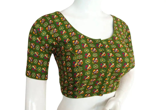 Olive Green Color Cotton Printed Readymade Blouse From D3 Blouses - D3blouses