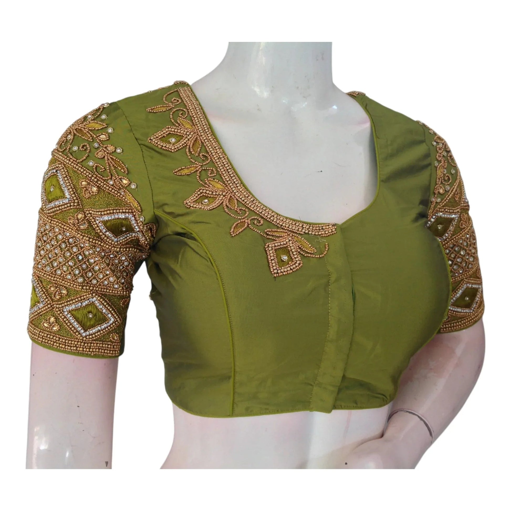 Olive Green Color Wedding Silk Blouse: Unique Diamond Aari Handwork - D3blouses