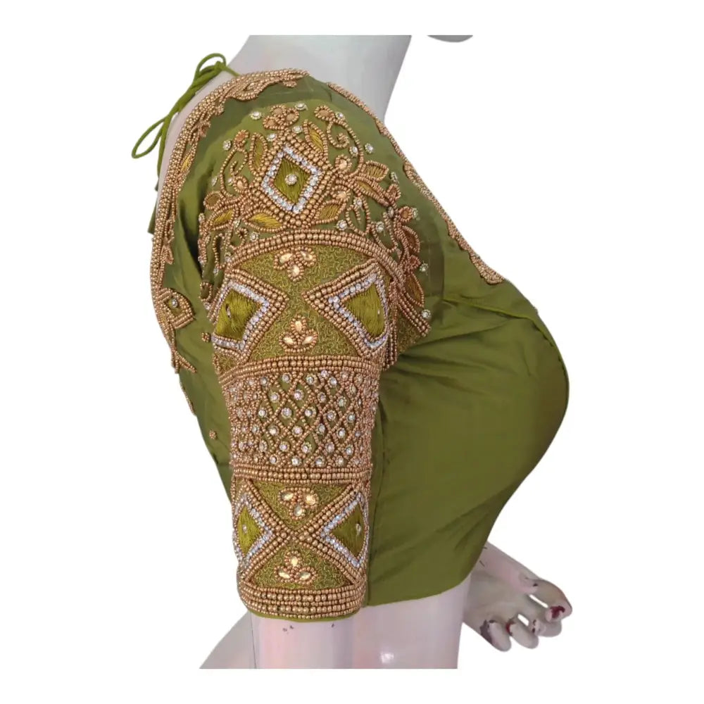 Olive Green Color Wedding Silk Blouse: Unique Diamond Aari Handwork - D3blouses