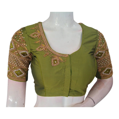 Olive Green Color Wedding Silk Blouse: Unique Diamond Aari Handwork - D3blouses