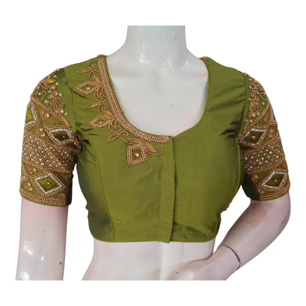 Olive Green Color Wedding Silk Blouse: Unique Diamond Aari Handwork - D3blouses