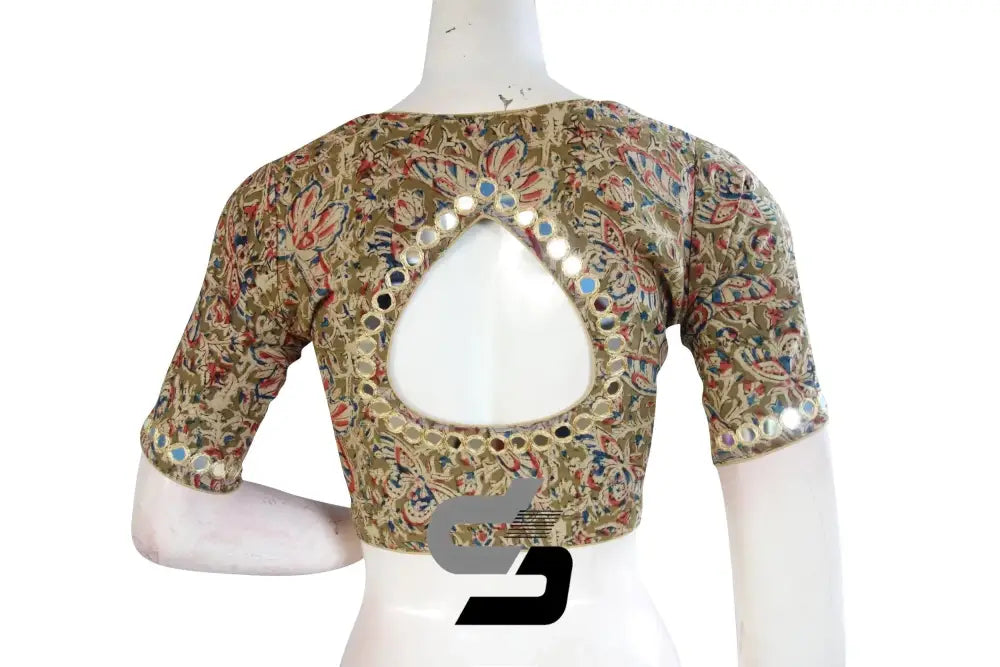 Olive Green Kalamkari Cotton Blouse, Mirror Neck & Sleeves, Ready-to-Wear Design - D3blouses