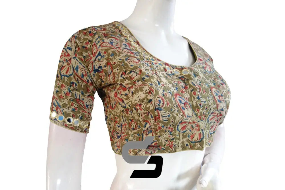 Olive Green Kalamkari Cotton Blouse, Mirror Neck & Sleeves, Ready-to-Wear Design - D3blouses