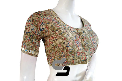 Olive Green Kalamkari Cotton Blouse, Mirror Neck & Sleeves, Ready-to-Wear Design - D3blouses
