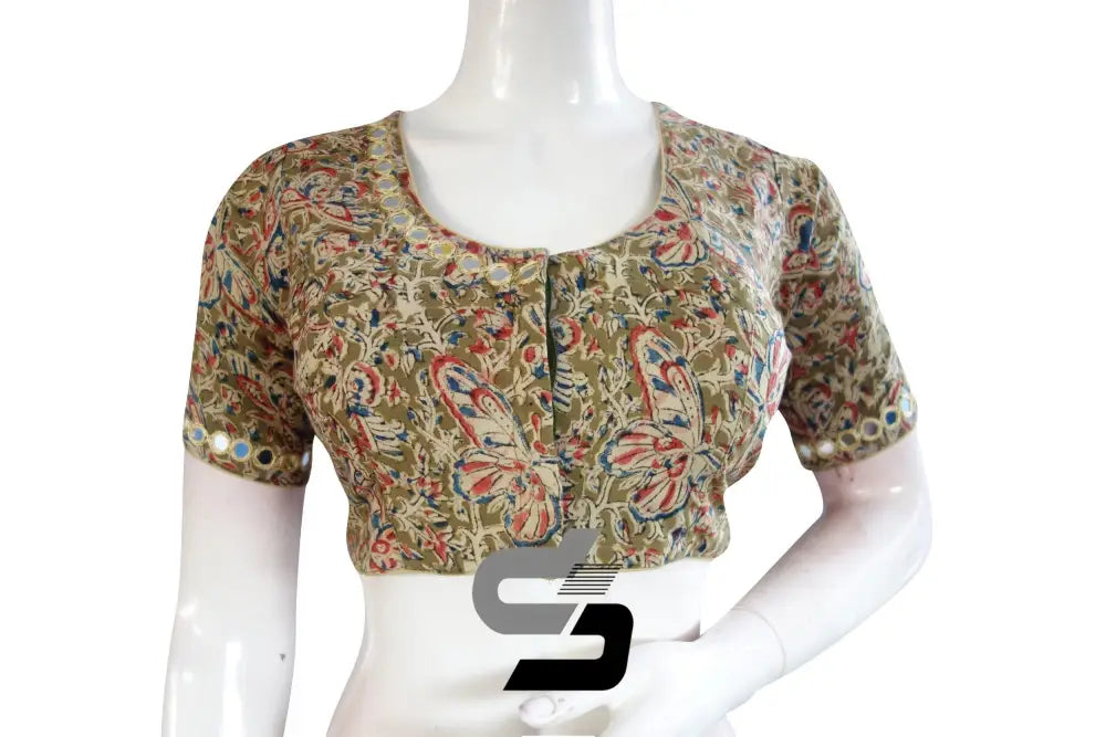 Olive Green Kalamkari Cotton Blouse, Mirror Neck & Sleeves, Ready-to-Wear Design - D3blouses