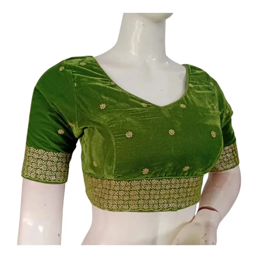 Olive Green Sequin Velvet Designer V-Neck Saree Readymade Blouse - D3blouses