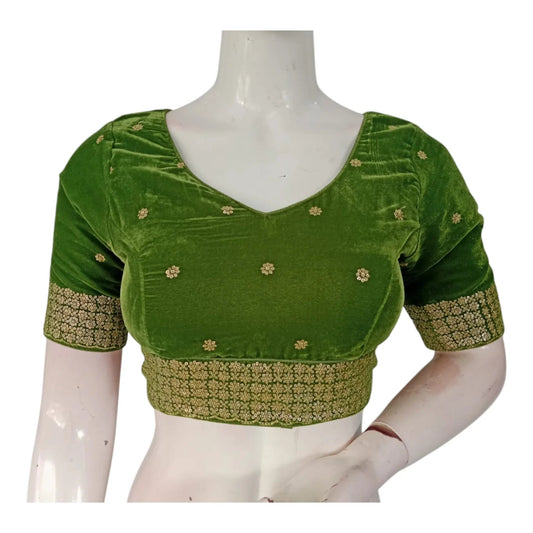 Olive Green Sequin Velvet Designer V-Neck Saree Readymade Blouse - D3blouses
