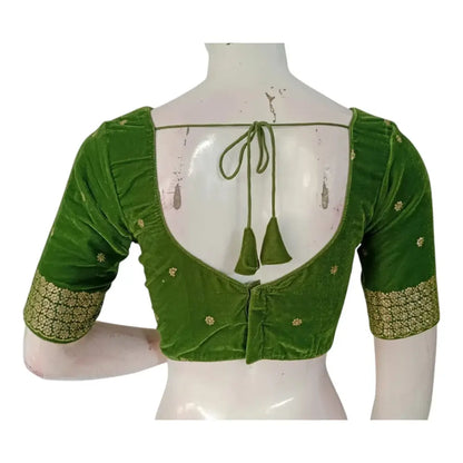 Olive Green Sequin Velvet Designer V-Neck Saree Readymade Blouse - D3blouses