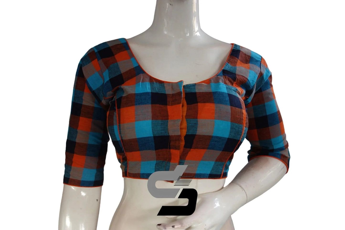 Orange 3/4 th Cotton Checks Readymade saree blouse , Indian Cotton Readymade blouse - D3blouses