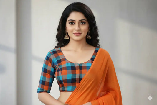 Orange 3/4th Sleeve Cotton Checks Readymade Saree Blouse (Princess Cut)