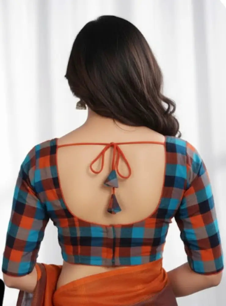 Orange 3/4th Sleeve Cotton Checks Readymade Saree Blouse (Princess Cut)