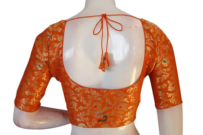 Orange Color Banaras Brocade Silk Readymade Saree Blouse With Matching Mask - D3blouses