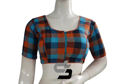 Front view of orange cotton checks readymade saree blouse with princess cut fit