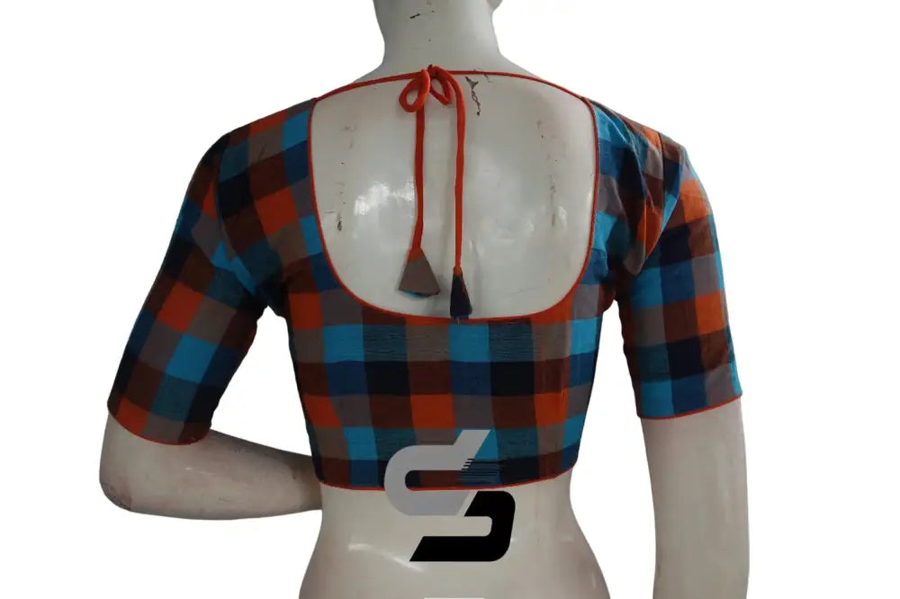 Back view of padded orange checks readymade blouse showing deep neck and hook opening