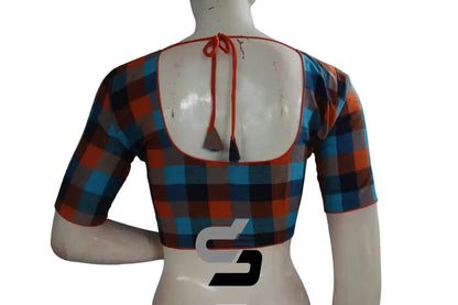 Back view of padded orange checks readymade blouse showing deep neck and hook opening