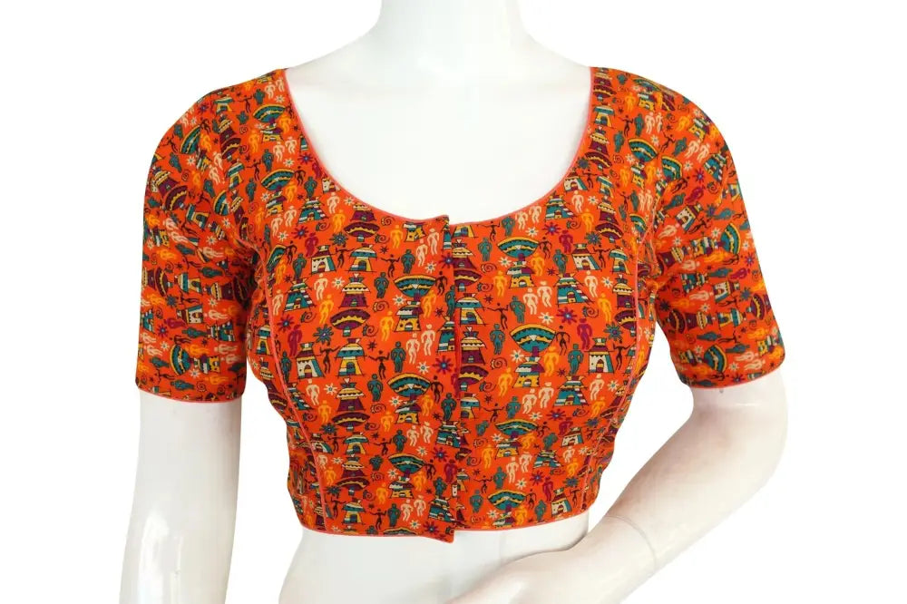 Orange Color Cotton Printed Readymade Blouse From D3 Blouses - D3blouses